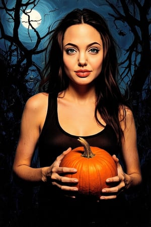 A spooky art drawing of a woman standing in a dimly lit, eerie forest. She holds a glowing pumpkin in her hands, casting an ominous light on her face. Her expression is one of mystery and intrigue, with a slight smile. The background features twisted trees and a full moon, creating a haunting atmosphere. The composition is centered, with the woman in the foreground and the forest in the background, emphasizing the spooky mood.,90saj,AngelinaJolieFlux