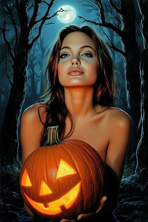 A spooky art drawing of a woman standing in a dimly lit, eerie forest. She holds a glowing pumpkin in her hands, casting an ominous light on her face. Her expression is one of mystery and intrigue, with a slight smile. The background features twisted trees and a full moon, creating a haunting atmosphere. The composition is centered, with the woman in the foreground and the forest in the background, emphasizing the spooky mood.,90saj,angelina jolie