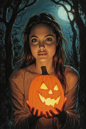 A spooky art drawing of a woman standing in a dimly lit, eerie forest. She holds a glowing pumpkin in her hands, casting an ominous light on her face. Her expression is one of mystery and intrigue, with a slight smile. The background features twisted trees and a full moon, creating a haunting atmosphere. The composition is centered, with the woman in the foreground and the forest in the background, emphasizing the spooky mood.,90saj,angelina jolie