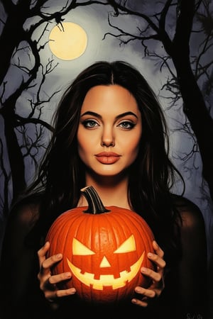 A spooky art drawing of a woman standing in a dimly lit, eerie forest. She holds a glowing pumpkin in her hands, casting an ominous light on her face. Her expression is one of mystery and intrigue, with a slight smile. The background features twisted trees and a full moon, creating a haunting atmosphere. The composition is centered, with the woman in the foreground and the forest in the background, emphasizing the spooky mood.,90saj,AngelinaJolieFlux