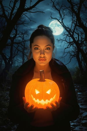 A spooky art drawing of a woman standing in a dimly lit, eerie forest. She holds a glowing pumpkin in her hands, casting an ominous light on her face. Her expression is one of mystery and intrigue, with a slight smile. The background features twisted trees and a full moon, creating a haunting atmosphere. The composition is centered, with the woman in the foreground and the forest in the background, emphasizing the spooky mood.,90saj 