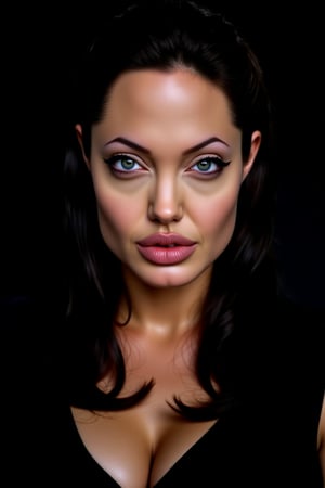 Angelina Jolie, symmetrical female portrait, beautiful makeup, full tattooed, black background, side soft light, highly detailed, melancholic, masterpiece Photography in the style of Oleg Dou, soft light hyper clean photography, (((Oleg Dou photography style)))