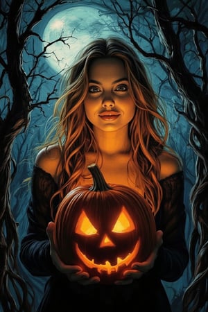 A spooky art drawing of a woman standing in a dimly lit, eerie forest. She holds a glowing pumpkin in her hands, casting an ominous light on her face. Her expression is one of mystery and intrigue, with a slight smile. The background features twisted trees and a full moon, creating a haunting atmosphere. The composition is centered, with the woman in the foreground and the forest in the background, emphasizing the spooky mood.,90saj,angelina jolie