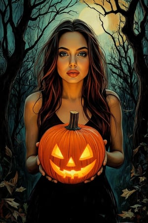 A spooky art drawing of a woman standing in a dimly lit, eerie forest. She holds a glowing pumpkin in her hands, casting an ominous light on her face. Her expression is one of mystery and intrigue, with a slight smile. The background features twisted trees and a full moon, creating a haunting atmosphere. The composition is centered, with the woman in the foreground and the forest in the background, emphasizing the spooky mood.,90saj,angelina jolie