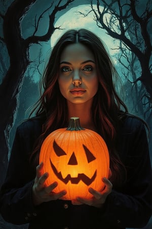 A spooky art drawing of a woman standing in a dimly lit, eerie forest. She holds a glowing pumpkin in her hands, casting an ominous light on her face. Her expression is one of mystery and intrigue, with a slight smile. The background features twisted trees and a full moon, creating a haunting atmosphere. The composition is centered, with the woman in the foreground and the forest in the background, emphasizing the spooky mood.,90saj,AngelinaJolieFlux