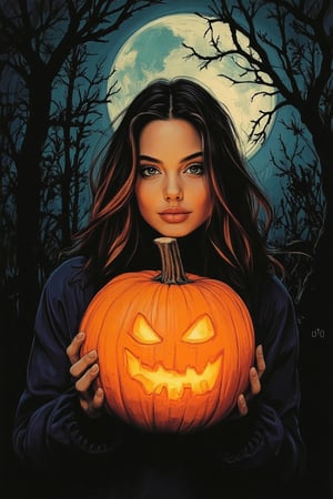 A spooky art drawing of a woman standing in a dimly lit, eerie forest. She holds a glowing pumpkin in her hands, casting an ominous light on her face. Her expression is one of mystery and intrigue, with a slight smile. The background features twisted trees and a full moon, creating a haunting atmosphere. The composition is centered, with the woman in the foreground and the forest in the background, emphasizing the spooky mood.,90saj,angelina jolie