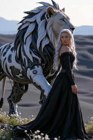 A beautiful woman with flowing silver hair and piercing violet eyes stands gracefully beside her companion, a majestic lion crafted from a mesmerizing interplay of black and white clockwork. The lion, a marvel of contrasting mechanical artistry, stands tall and proud, its mane a cascade of alternating black and white gears and intricate cogs, its body radiating a soft, ethereal glow. The woman, radiating grace and elegance, wears a flowing gown of swirling black and white that blends seamlessly with the ethereal landscape. The scene is set against a backdrop of a timeless realm where magic and technology intertwine, bathed in the soft glow of a twilight where black and white blend seamlessly. Rolling hills of black sand stretch out towards a horizon veiled in a soft, white mist. Black and white flowers bloom at their feet, their petals shimmering with a gentle luminescence. This image captures the ethereal beauty and harmonious unity of contrasting forces, a testament to the enduring power of companionship and the enchanting mystery of their shared guardianship over a realm of balance and duality.,l4r4cr0ft