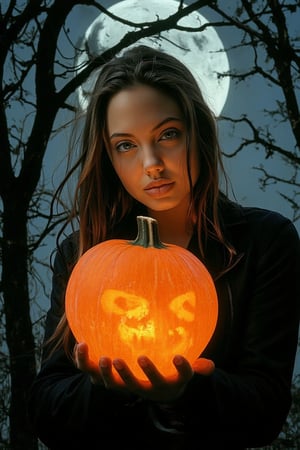 A spooky art drawing of a woman standing in a dimly lit, eerie forest. She holds a glowing pumpkin in her hands, casting an ominous light on her face. Her expression is one of mystery and intrigue, with a slight smile. The background features twisted trees and a full moon, creating a haunting atmosphere. The composition is centered, with the woman in the foreground and the forest in the background, emphasizing the spooky mood.,90saj 