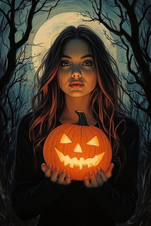 A spooky art drawing of a woman standing in a dimly lit, eerie forest. She holds a glowing pumpkin in her hands, casting an ominous light on her face. Her expression is one of mystery and intrigue, with a slight smile. The background features twisted trees and a full moon, creating a haunting atmosphere. The composition is centered, with the woman in the foreground and the forest in the background, emphasizing the spooky mood.,90saj,angelina jolie