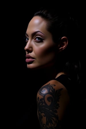 (Ebony  Angelina Jolie), symmetrical african female portrait, beautiful makeup, full tattooed, black background, side soft light, highly detailed, melancholic, masterpiece Photography in the style of Oleg Dou, soft light hyper clean photography, (((Oleg Dou photography style)))