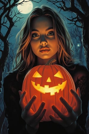 A spooky art drawing of a woman standing in a dimly lit, eerie forest. She holds a glowing pumpkin in her hands, casting an ominous light on her face. Her expression is one of mystery and intrigue, with a slight smile. The background features twisted trees and a full moon, creating a haunting atmosphere. The composition is centered, with the woman in the foreground and the forest in the background, emphasizing the spooky mood.,90saj,angelina jolie