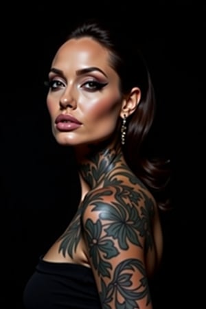 Angelina Jolie, symmetrical female portrait, beautiful makeup, full tattooed, black background, side soft light, highly detailed, melancholic, masterpiece Photography in the style of Oleg Dou, soft light hyper clean photography, (((Oleg Dou photography style)))