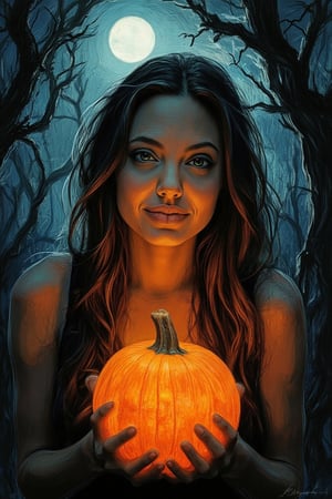 A spooky art drawing of a woman standing in a dimly lit, eerie forest. She holds a glowing pumpkin in her hands, casting an ominous light on her face. Her expression is one of mystery and intrigue, with a slight smile. The background features twisted trees and a full moon, creating a haunting atmosphere. The composition is centered, with the woman in the foreground and the forest in the background, emphasizing the spooky mood.,90saj,AngelinaJolieFlux