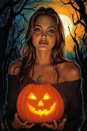 A spooky art drawing of a woman standing in a dimly lit, eerie forest. She holds a glowing pumpkin in her hands, casting an ominous light on her face. Her expression is one of mystery and intrigue, with a slight smile. The background features twisted trees and a full moon, creating a haunting atmosphere. The composition is centered, with the woman in the foreground and the forest in the background, emphasizing the spooky mood.,90saj,angelina jolie