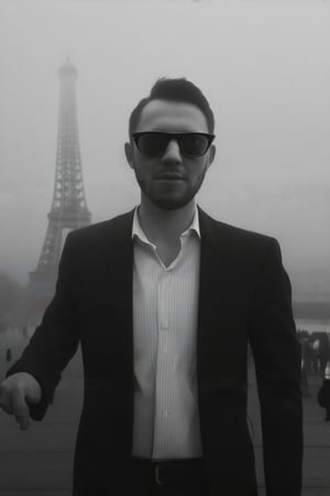 A guy in a suit with rayban glasses, black and white , fog ,paris