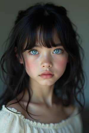 12yo little tween girl with slim body, petite, Black hair blue eyes, pale skin, very beautiful, beautiful face, 8K. HDR, Masterpiece, Hyperrealistic