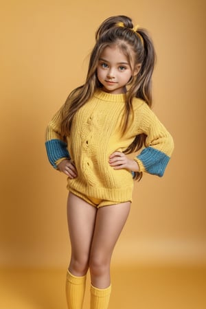 A young girl, around 11 years old, with a petite build and a mini-style, stands in alluring pose and the legs are slightly open. childish colorful wear with thigh high socks, looking down with a mixture of curiosity and embarrassment against a bright yellow background.(bright yellow background)