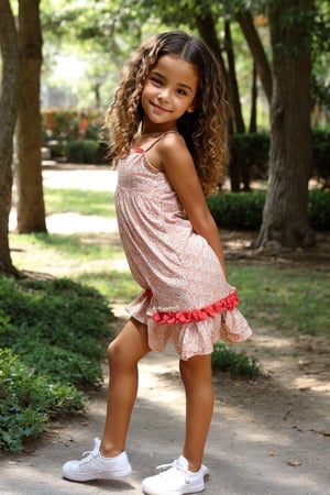 A warm, sun-kissed afternoon. A 12-year-old girl with a radiant complexion and toned physique is captured in a playful pose, wearing a bright red sundress that drapes loosely around her knees, paired with a pair of worn-out sneakers. Her long, curly hair cascades down her back as she gazes directly into the camera, exuding confidence and innocence.