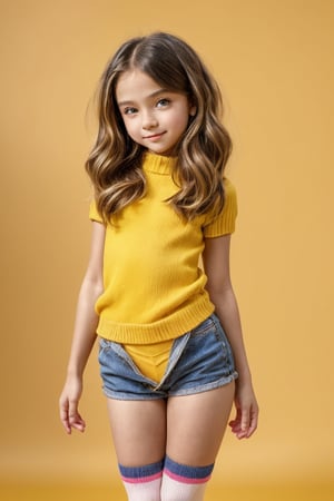 A young girl, around 11 years old, with a petite build and a mini-style, stands in alluring pose and the legs are slightly open. childish colorful wear with thigh high socks, looking down with a mixture of curiosity and embarrassment against a bright yellow background.(bright yellow background)