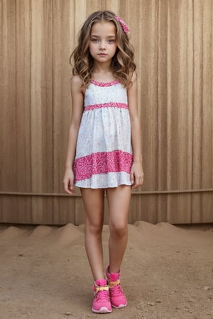 Full-body view of a beautiful-eyed, tween girl with a well-formed hot body, 100 times prettier tween girl. Hot childish outdoor unique one-of-a-kind style Fashion wear. Simple background, plenty of skin on show, sexy pose. SFW.