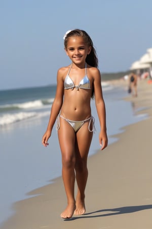 Jorge  varon africano de 12 años hermoso, de rasgos finos, usando un micro bikini de plata, caminando por la orilla de la playa detailmaster2