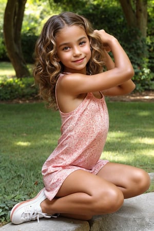 A warm, sun-kissed afternoon. A 12-year-old girl with a radiant complexion and toned physique is captured in a playful pose, wearing a bright red sundress that drapes loosely around her knees, paired with a pair of worn-out sneakers. Her long, curly hair cascades down her back as she gazes directly into the camera, exuding confidence and innocence.