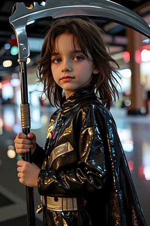 Close-up shot of a stunning 9 years old boy dressed in a sleek, looking at viewer, little smile, high-tech jumpsuit, with metallic accents and flowing cape-like details. His hair flows freely as he holds a gleaming scythe at an angle, its curved blade reflecting the bright city lights behind his. The composition is dynamic, with bold lines framing her profile. Soft, warm lighting illuminates his features, emphasizing her confident pose.