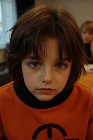 realistic, film style, a beautiful 9 years old boy, looking at viewer, in Halloween party, wearing a Halloween clothes