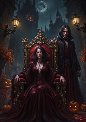 A Vampire Spawn from Curse of Strahd sits regally on a majestic chair, with another male vampire standing beside her. They are surrounded by Halloween decorations. She has pale skin, glowing red eyes, and sharp fangs, while the male vampire exudes a similar menacing aura. The scene is dimly lit by flickering street lamps, casting long shadows. They are framed in a mid-shot, their expressions fierce and predatory. The background features fog, gothic architecture, and numerous Halloween decorations, enhancing the eerie atmosphere.