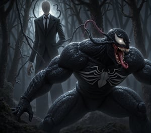 An incredibly realistic depiction of **Venom**, the famous anti-hero from the Marvel Universe, intertwined with the eerie presence of **Slender Man**, a fictional creature originally conceived as an Internet meme by Erik Knudsen in 2009. Venom, characterized by his muscular build and distinctive black symbiote suit with white spider emblem, is poised in a dynamic action stance, showcasing his menacing teeth and glowing white eyes. In contrast, Slender Man looms ominously in the background, depicted as an unnaturally tall and thin figure dressed in a sleek black suit, devoid of facial features. He emerges from a thick cloud of smoke, his elongated limbs casting unsettling shadows. Several dark tendrils extend from his back, enhancing his haunting silhouette and creating an atmosphere of tension and suspense. The scene should capture the juxtaposition of Venom's chaotic energy against Slender Man's chilling stillness, set in a dark forest environment illuminated by a pale moonlight that adds to the overall mood.