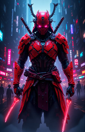 Stunning high-quality images of cyberpunk samurai scenes, featuring intricate illustrations, detailed 3D renders, and captivating paintings that create a cinematic experience evoking both wonder and danger. The visuals should include neon-lit cityscapes with towering skyscrapers, samurai warriors dressed in futuristic armor wielding glowing katanas, and atmospheric elements such as rain-soaked streets and holographic advertisements. The style should blend dark fantasy aesthetics with elements reminiscent of iconic movies and posters, showcasing vibrant colors and dynamic compositions that capture the essence of a thrilling adventure in a dystopian world.
A crimson-clad samurai dons mechanized armor, its red hue intensified by cinematic lighting that casts a heroic glow. In a dramatic film epic scene, the warrior's pose exudes determination as they stand amidst a futuristic cityscape at dusk, with towering skyscrapers and neon lights reflecting off their armored form in a hyper-realistic 3D Octane render, showcasing ultra-detailed textures and HD 16k resolution.