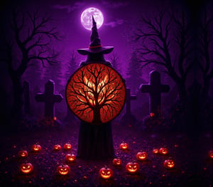 ((Masterpiece, High Quality)), (Complex Lighting), Trending High Quality, Realistic, Intricate Detail, Beautiful and Elegant Textures 16K creates an exceptionally realistic image of a Halloween-themed scene. Visualize a fusion of eerie elements featuring a solitary witch standing protectively behind a large, intricately designed pumpkin shield. The composition should seamlessly blend various Halloween motifs such as glowing pumpkins, ghostly apparitions, and graveyard elements with rich purple, orange, and black tones that evoke the essence of the season. Incorporate transparent purple overlays to enhance the mystical atmosphere. Capture the spirit world at night in a cemetery where an ominous aura is emitted by the glowing pumpkins scattered throughout. The backdrop should be a Ghibli-inspired photography style depicting a spooky graveyard that frames the dark landscape of the cemetery, showcasing intricately detailed tombstones and twisted trees under a moonlit sky. Aim for the highest quality output in 8K resolution with very high detail to immerse viewers in this hauntingly beautiful Halloween scene.