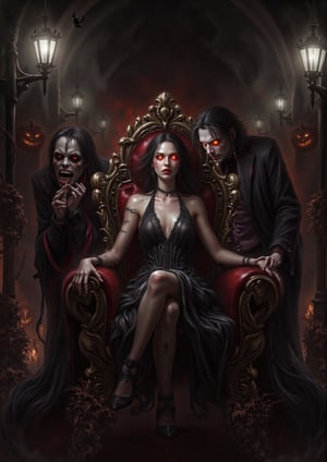 A Vampire Spawn from Curse of Strahd sits regally on a majestic chair, with another male vampire standing beside her. They are surrounded by Halloween decorations. She has pale skin, glowing red eyes, and sharp fangs, while the male vampire exudes a similar menacing aura. The scene is dimly lit by flickering street lamps, casting long shadows. They are framed in a mid-shot, their expressions fierce and predatory. The background features fog, gothic architecture, and numerous Halloween decorations, enhancing the eerie atmosphere.