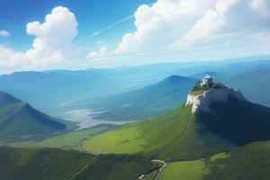 "Uma paisagem serena com um céu azul claro, nuvens fofas e suaves pairando. No horizonte, montanhas distantes com picos nevados são visíveis. O estilo é vibrante e colorido, com um toque acolhedor e iluminado típico de animações da Pixar. A luz do sol dourada reflete suavemente nas nuvens, criando um cenário de paz e tranquilidade."