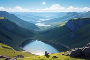 "Uma paisagem serena com um céu azul claro, nuvens fofas e suaves pairando. No horizonte, montanhas distantes com picos nevados são visíveis. O estilo é vibrante e colorido, com um toque acolhedor e iluminado típico de animações da Pixar. A luz do sol dourada reflete suavemente nas nuvens, criando um cenário de paz e tranquilidade."