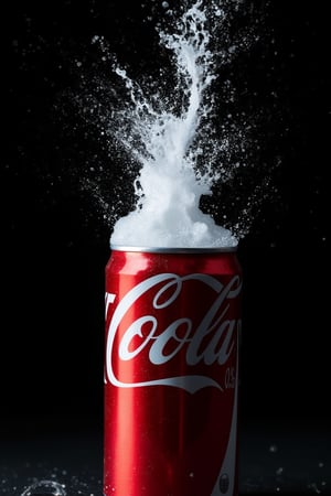 A high-contrast, cinematic close-up shot of a masterpiece moment: a distinct, explosive burst of carbonation erupts from a sleek, silver Coca-Cola can in ultra-high resolution. Hyper-detail reveals the intricate textures of the metal and the foamy, creamy liquid as it propels outward with mesmerizing force, set against a dark, almost-black background to accentuate the vibrant colors.