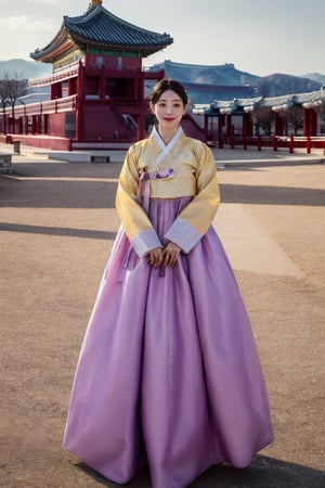 best quality , masterpiece ,(ultra detailed), (highres),1girl,solo,Wearing traditional Korean hanbok,
Standing with Gyeongbokgung Palace in the background,JeeSoo 