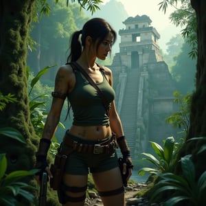 Lara Croft, the iconic Tomb Raider, With Mayan ancient ruins in the jungle as a background,full shot