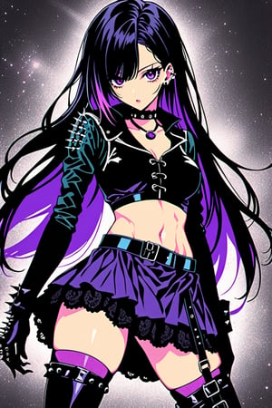  (Dark Fantasy:1), (80s Style), (Sci-Fi), (Noise Effect:1.3), (VHS Grain Effect:1.2) Gothic Lolita Rebel An anime girl with long, straight black hair,  wearing a black and purple crop top, underboob, black lace skirt, thigh-high stockings, and combat boots. She has a spiked choker around her neck and dark eye makeup, lace gloves. Standing seductively looking at viewer,
The background is a dark purple gradient.