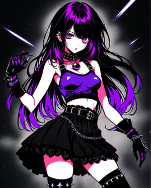  (Dark Fantasy:1), (80s Style), (Sci-Fi), (Noise Effect:1.3), (VHS Grain Effect:1.2) Gothic Lolita Rebel An anime girl with long, straight black hair,  wearing a black and purple crop top underboob, black lace skirt, thigh-high stockings, and combat boots. She has a spiked choker around her neck and dark eye makeup, striking a fierce pose with one hand on her hip and the other adjusting her lace gloves. The background is a dark purple gradient.