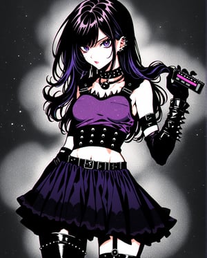  (Dark Fantasy:1), (80s Style), (Sci-Fi), (Noise Effect:1.3), (VHS Grain Effect:1.2) Gothic Lolita Rebel An anime girl with long, straight black hair,  wearing a black and purple crop top underboob, black lace skirt, thigh-high stockings, and combat boots. She has a spiked choker around her neck and dark eye makeup, striking a fierce pose with one hand on her hip and the other adjusting her lace gloves. The background is a dark purple gradient.