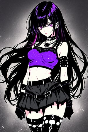  (Dark Fantasy:1), (80s Style), (Sci-Fi), (Noise Effect:1.3), (VHS Grain Effect:1.2) Gothic Lolita Rebel An anime girl with long, straight black hair,  wearing a black and purple crop top, underboob, black lace skirt, thigh-high stockings, and combat boots. She has a spiked choker around her neck and dark eye makeup, lace gloves. Standing seductively looking at viewer,
The background is a dark purple gradient.