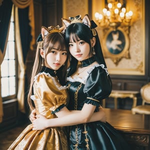 Real color photo. bokeh.high-saturation.
half body shot.
(nekomimi:1.2) girl.
(Two girl sisters:1.0) are hugging.
they are wearing a gorgeous gold and black (Gothic Lolita:0.6) dress.
Their dresses have gorgeous embroidery.
She is in a luxurious room in a castle.