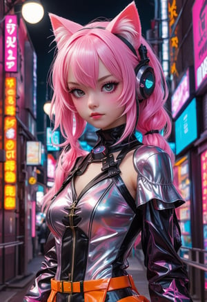 Real photo. 
future world. 
A cute nekomimi android girl that fights underground in a futuristic city.
Her profile is very cute.
She is wearing a colorful metallic gothic lolita outfit.
Many vivid colored neon signs are connected to the city walls.