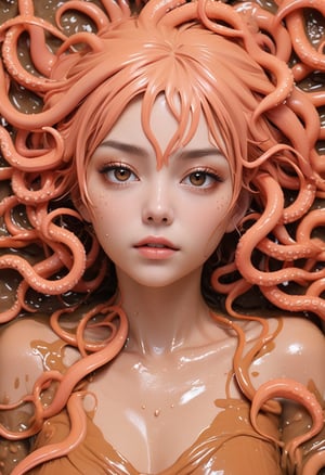 Real photo.A nekomimi girl gets entangled in many tentacles in a brightly poisonous peach skin color mud puddle.peach skin color mud.She has many tentacles wrapped around her.Her hair is a tangled tentacle. she has a beautiful face.she is collapsed.