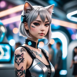 Realistic photo with bokeh effect, focusing on a cute nekomimi idol in a futuristic space colony. She wears a futuristic, cute dress and has numerous cute tattoos on her body and face. Profile shot, soft lighting, and a blurred background with futuristic elements.