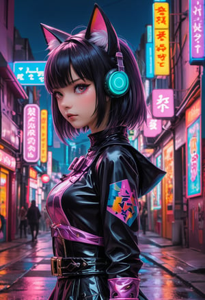 Real photo. 
future world. 
A cute nekomimi android girl that fights underground in a futuristic city.
Her profile is very cute.
She is wearing a colorful metallic gothic lolita outfit.
Many vivid colored neon signs are connected to the city walls.