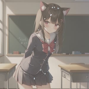 A vibrant real color photo of a seifuku-clad girl with nekomimi cat ears, standing in a sunlit classroom. She smiles playfully, her uniform crisp and neat, with a red ribbon tied around her neck. The composition is centered, with soft natural lighting highlighting her features and the playful atmosphere. The background subtly shows school desks and a blackboard, emphasizing the setting.