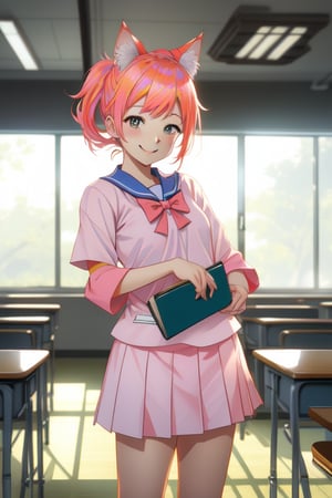 A vibrant, real-color photo of a girl wearing a seifuku, with cat ears (nekomimi) on her head. She stands in a well-lit, modern classroom setting, smiling playfully at the camera. The composition is centered, with soft natural light highlighting her features and the details of her uniform. Her pose is casual, with one hand resting on her hip and the other holding a schoolbook. The background subtly features school desks and a chalkboard.