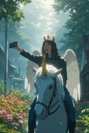 A vibrant, colorful scene where a woman, resembling an angel with glowing wings, rides a magnificent unicorn with a shimmering horn through a lively, enchanted forest during a gentle rain. The camera angle is positioned in front of them, capturing the joyful moment as the woman smiles brightly while taking a selfie. The unicorn's wet mane glistens with droplets, and the surrounding foliage sparkles with vibrant colors under the rain. The background is filled with lush greenery, bright flowers, and the soft patter of raindrops creates a magical atmosphere. Sunlight filters through the clouds, casting a soft glow over the scene, enhancing the enchanting beauty of this whimsical adventure in the rain.